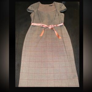 David Meister Linen Sheath Dress Windowpane Plaid Pink Sash Lined Designer Sz-12